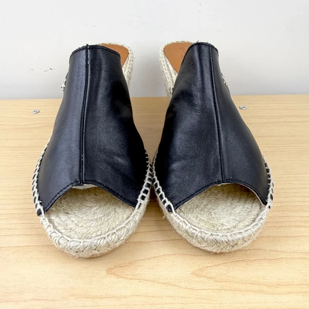 Patricia Green Espadrille Slides Black Leather Wedge (10)